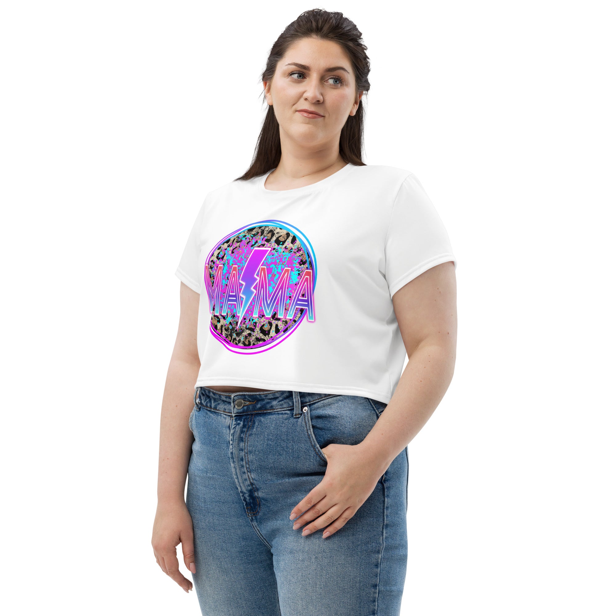 SHE REBEL - Neon MAMA Lightning Bolt Leopard Print Crop Top